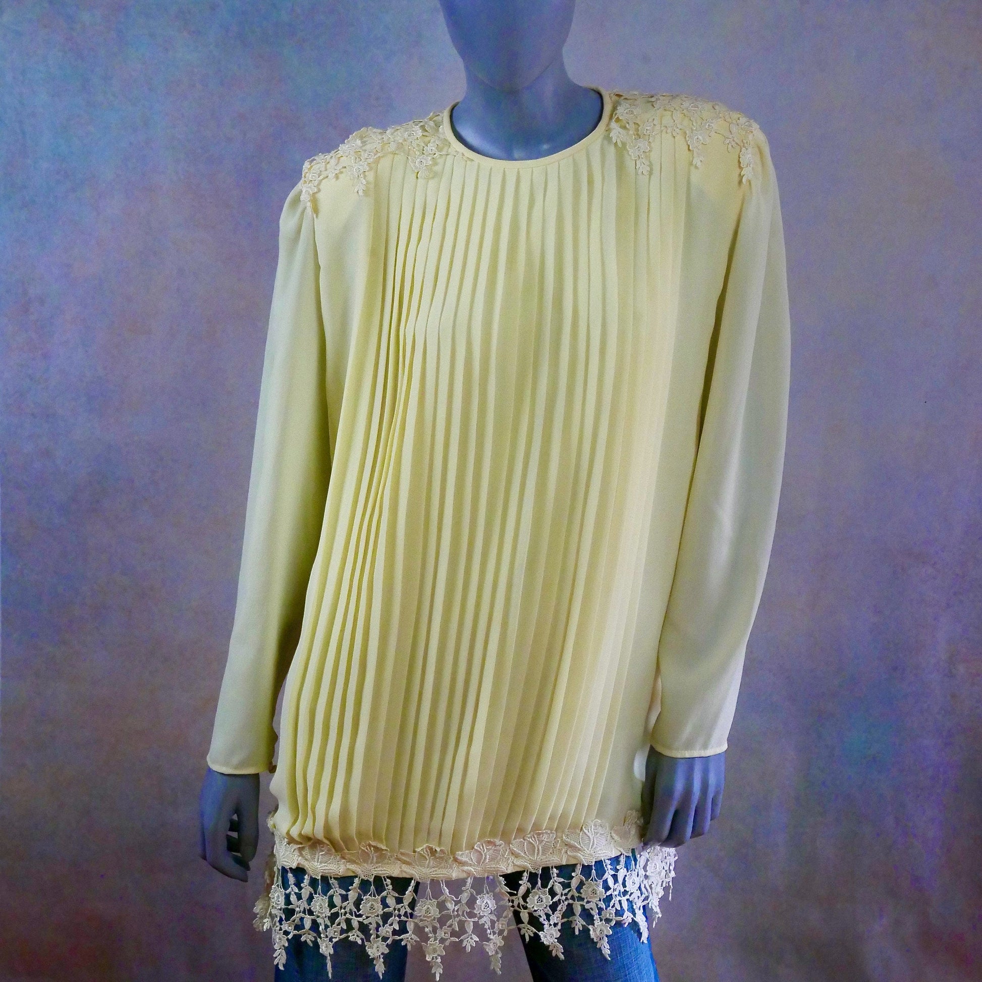 90s Vintage Yellow Blouse | Pleated Top with Lace Accents Leo Gabor Vintage