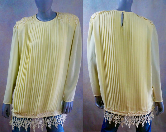 90s Vintage Yellow Blouse | Pleated Top with Lace Accents Leo Gabor Vintage