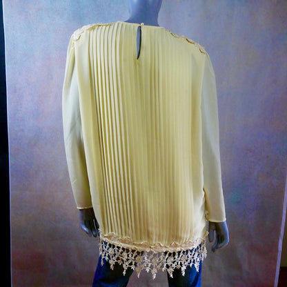90s Vintage Yellow Blouse | Pleated Top with Lace Accents Leo Gabor Vintage