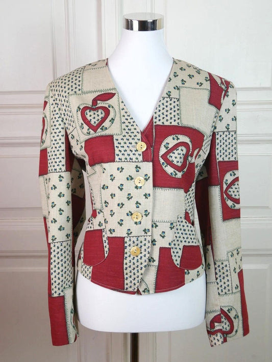 Austrian Vintage Cotton Blazer | Cream Red Green Hearts Apples Flowers Jacket | Large Leo Gabor Vintage