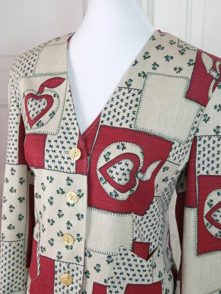 Austrian Vintage Cotton Blazer | Cream Red Green Hearts Apples Flowers Jacket | Large Leo Gabor Vintage