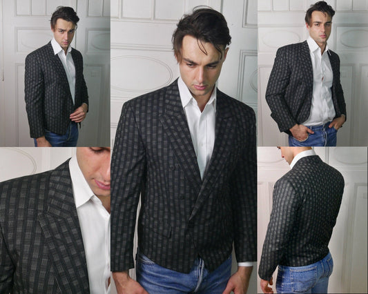 Cropped Blazer | 1980s European Vintage Black & Gray Spencer Jacket | Medium Leo Gabor Vintage