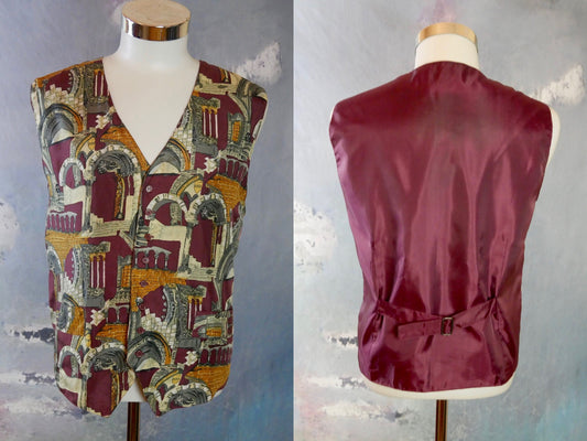 Men's Silk Vest | 1990s Vintage Burgundy Gray Silver and Gold Ancient Ruin Pattern Waistcoat | Extra Large Leo Gabor Vintage