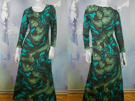Vintage 60s Psychedelic Long Dress | Turquoise & Black Abstract Pattern Maxi Leo Gabor Vintage