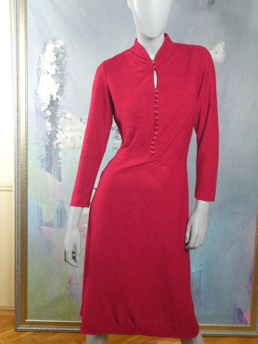 Vintage 70s Red Dress | Finnish Knee-Length Boucle Fabric Leo Gabor Vintage