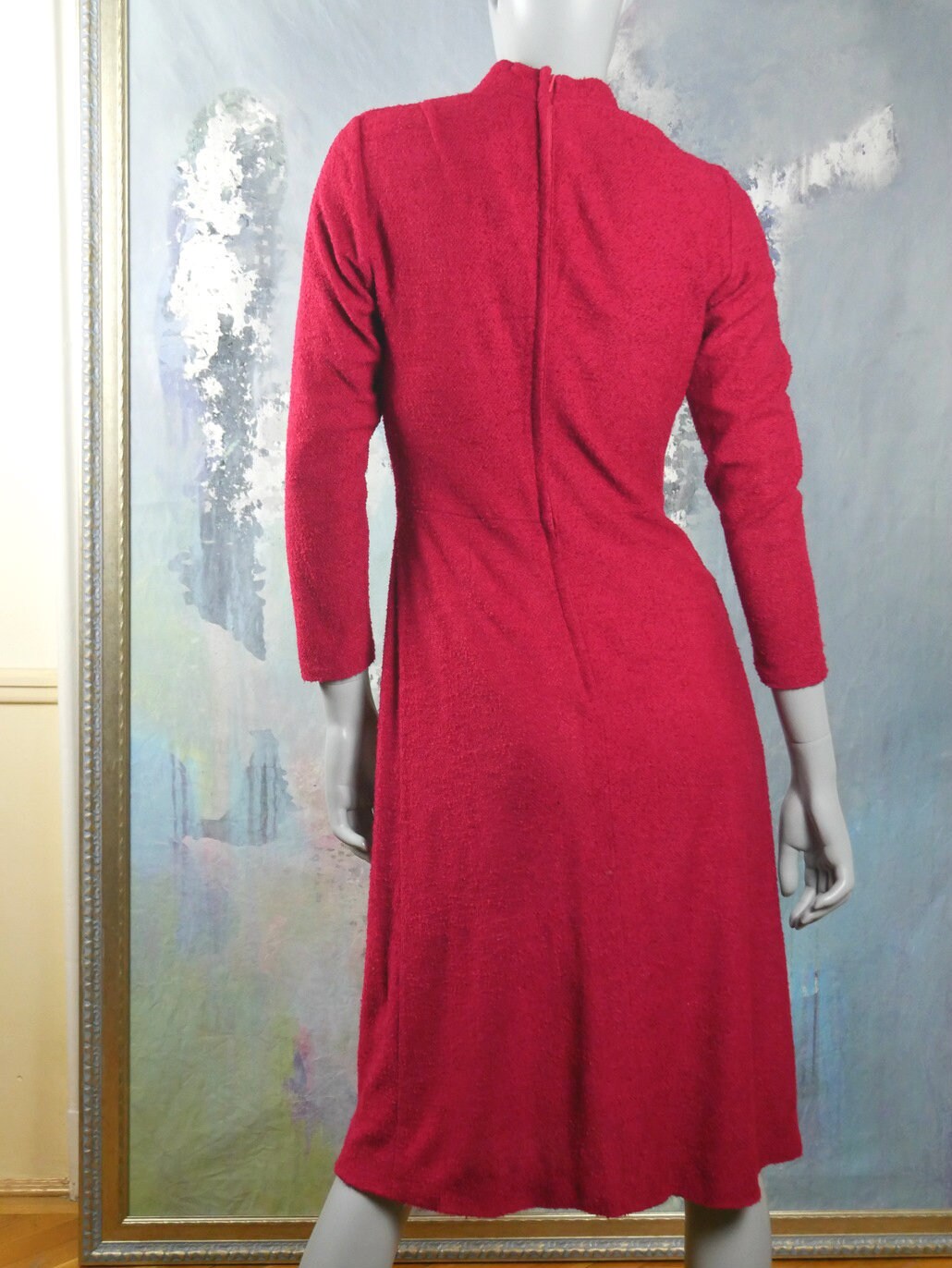 Vintage 70s Red Dress | Finnish Knee-Length Boucle Fabric Leo Gabor Vintage