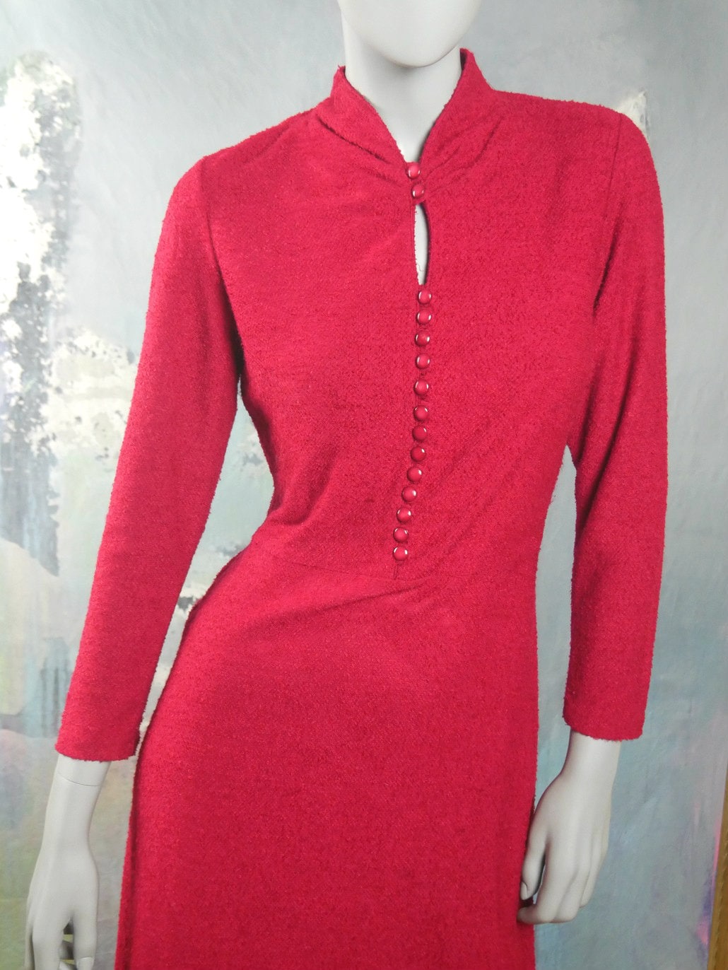 Vintage 70s Red Dress | Finnish Knee-Length Boucle Fabric Leo Gabor Vintage