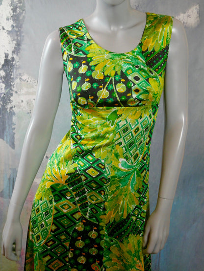 Vintage 70s Sleeveless Dress | Swedish Mod Green Yellow & Black Abstract Floral Midi Leo Gabor Vintage