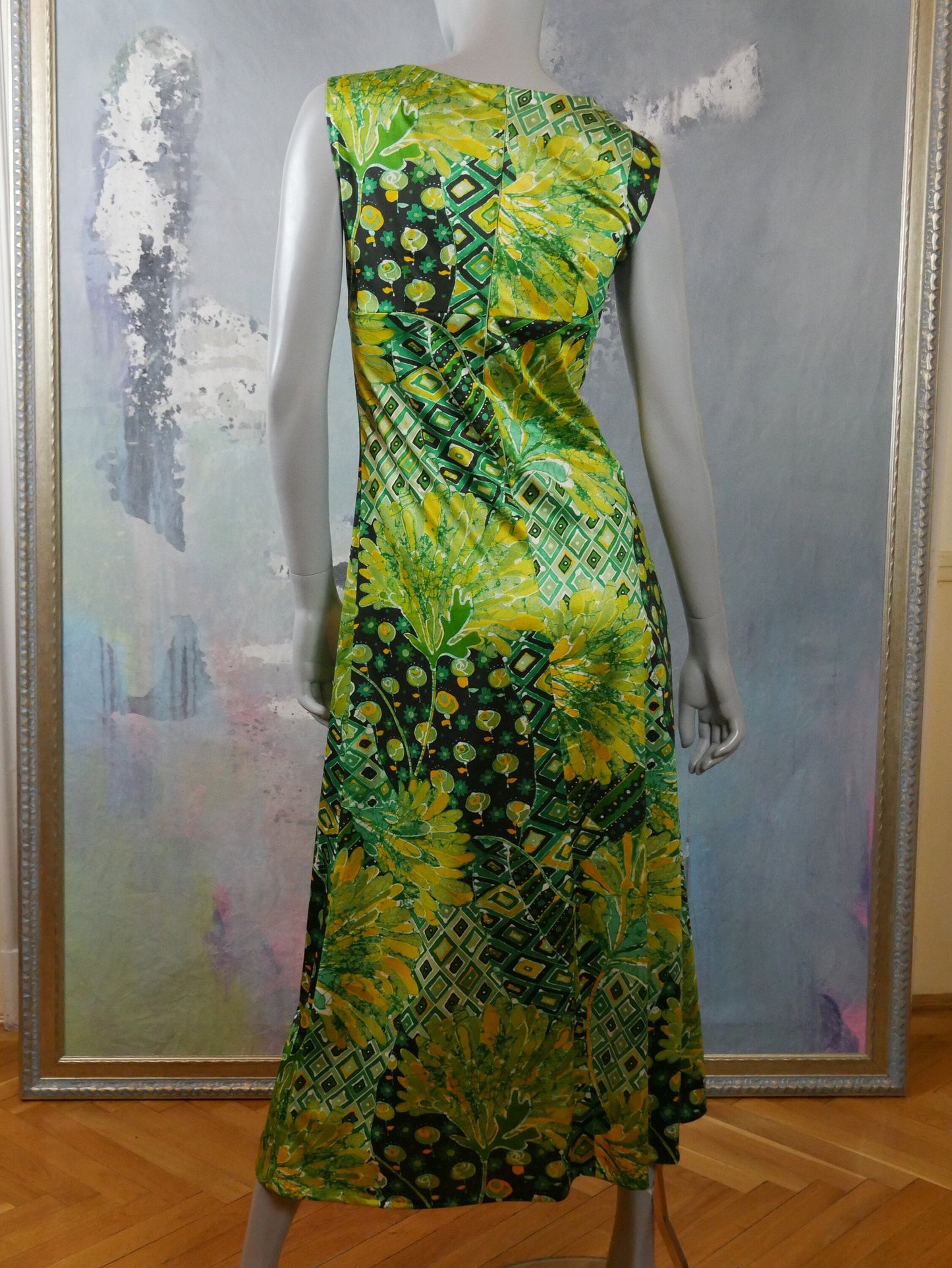Vintage 70s Sleeveless Dress | Swedish Mod Green Yellow & Black Abstract Floral Midi Leo Gabor Vintage