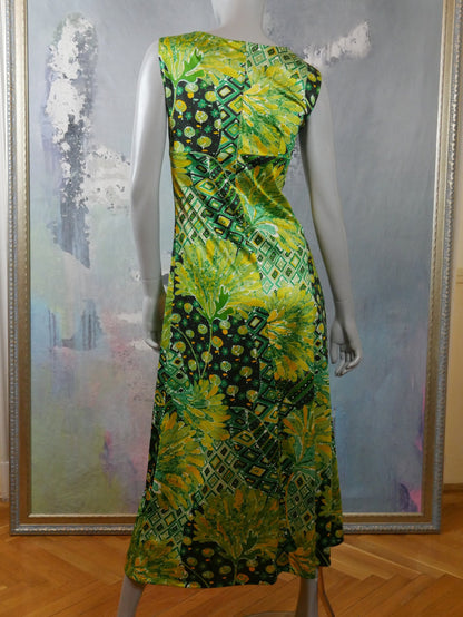 Vintage 70s Sleeveless Dress | Swedish Mod Green Yellow & Black Abstract Floral Midi Leo Gabor Vintage
