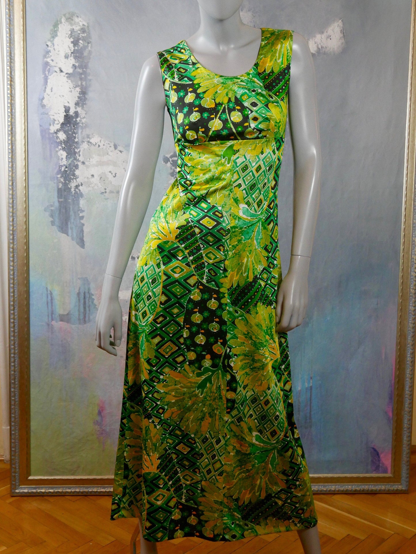 Vintage 70s Sleeveless Dress | Swedish Mod Green Yellow & Black Abstract Floral Midi Leo Gabor Vintage