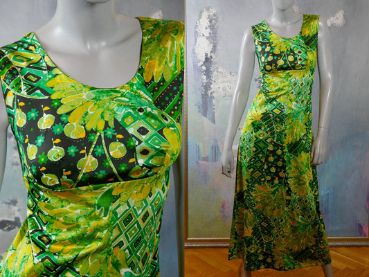 Vintage 70s Sleeveless Dress | Swedish Mod Green Yellow & Black Abstract Floral Midi Leo Gabor Vintage