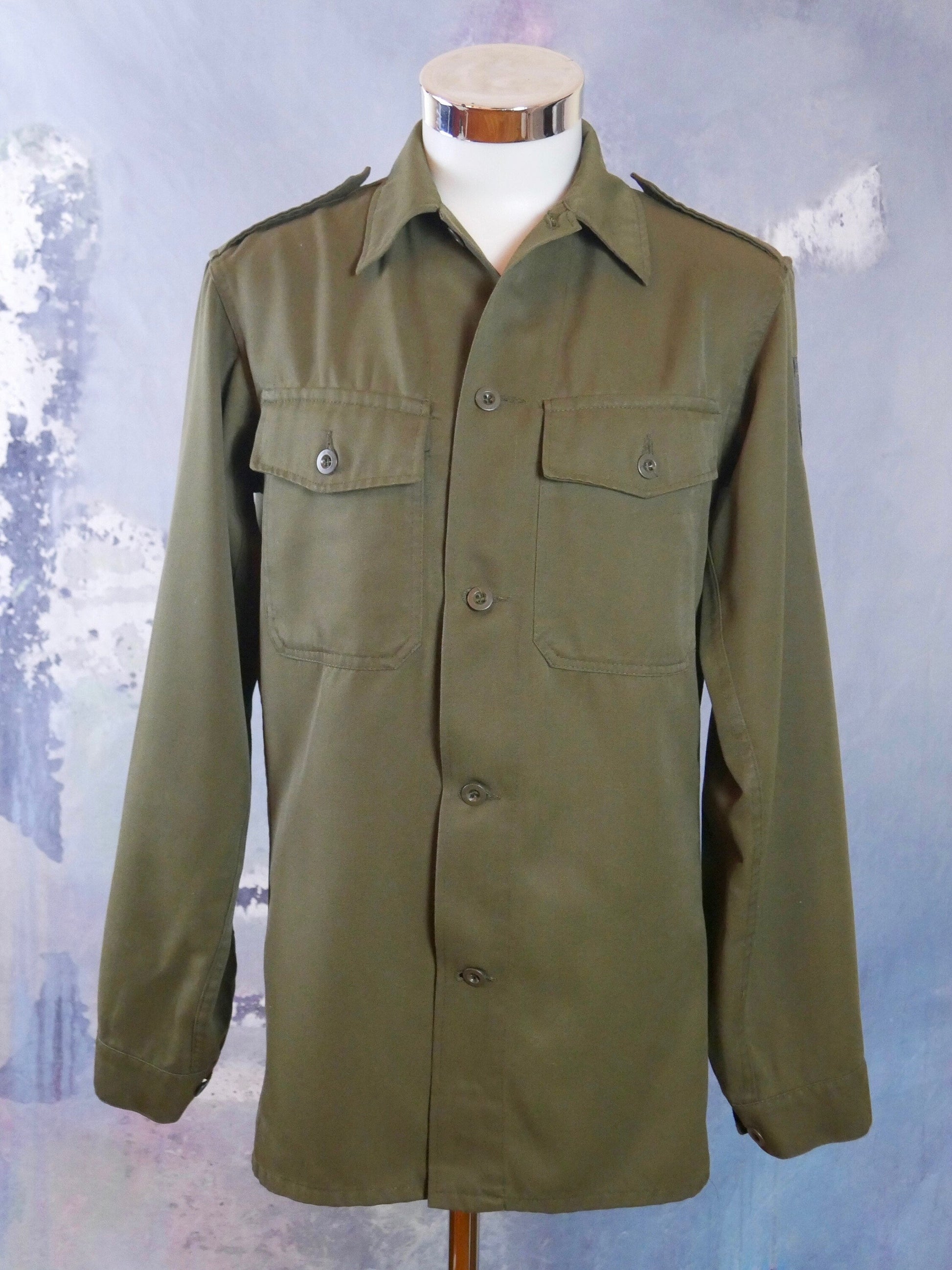 Vintage Austrian Army Shirt | Long-Sleeve Olive Drab with Epaulets | Medium to Large Leo Gabor Vintage