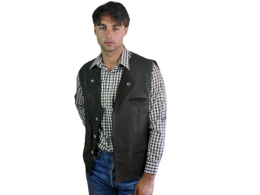 Vintage Leather Vest | Men's Trachten Style Brown Waistcoat | Extra Large Leo Gabor Vintage