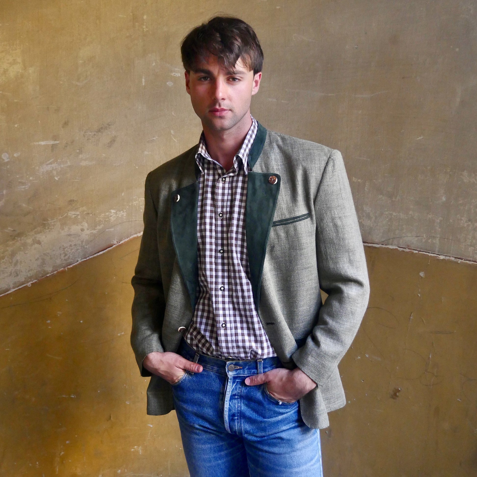 Vintage Trachten Jacket | 90s Lodenfrey Olive Green Linen Blazer | Large Leo Gabor Vintage