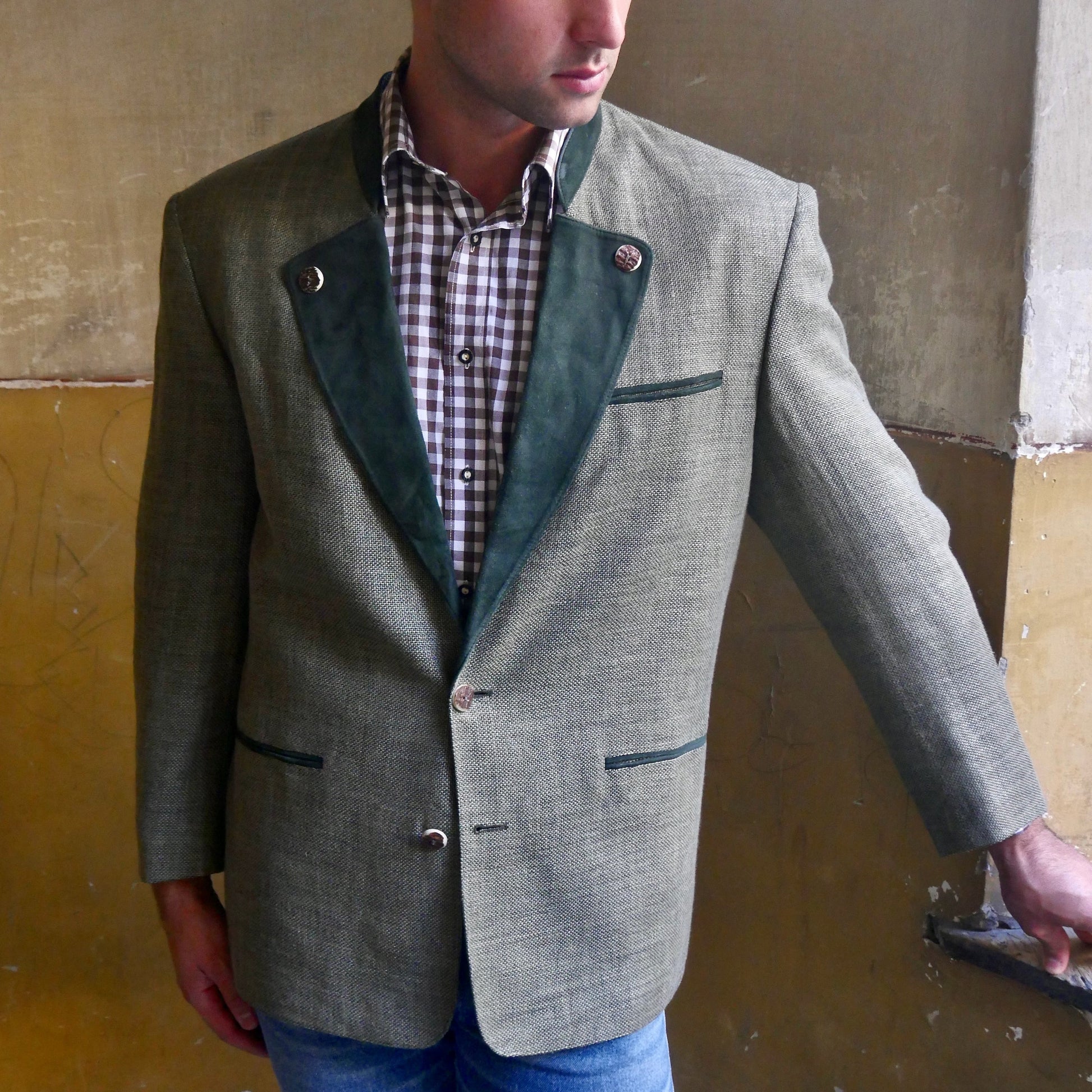 Vintage Trachten Jacket | 90s Lodenfrey Olive Green Linen Blazer | Large Leo Gabor Vintage