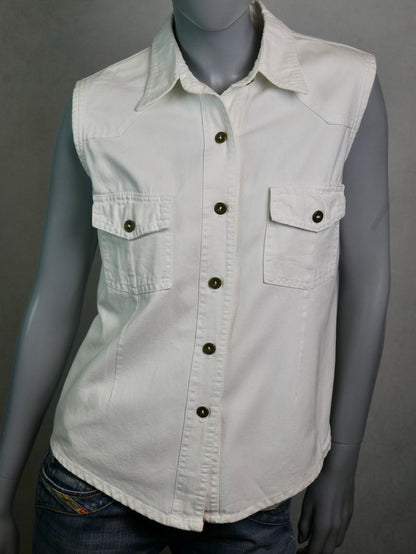 Vintage White Denim Sleeveless Top | Y2K Shirt Vest Blouse | Medium Leo Gabor Vintage