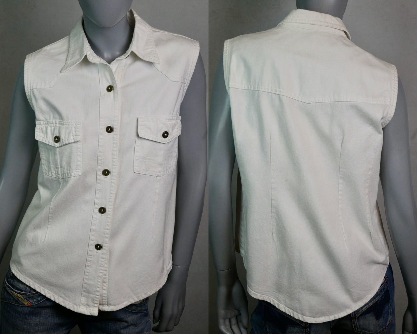 Vintage White Denim Sleeveless Top | Y2K Shirt Vest Blouse | Medium Leo Gabor Vintage