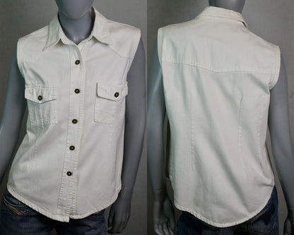 Vintage White Denim Sleeveless Top | Y2K Shirt Vest Blouse | Medium Leo Gabor Vintage