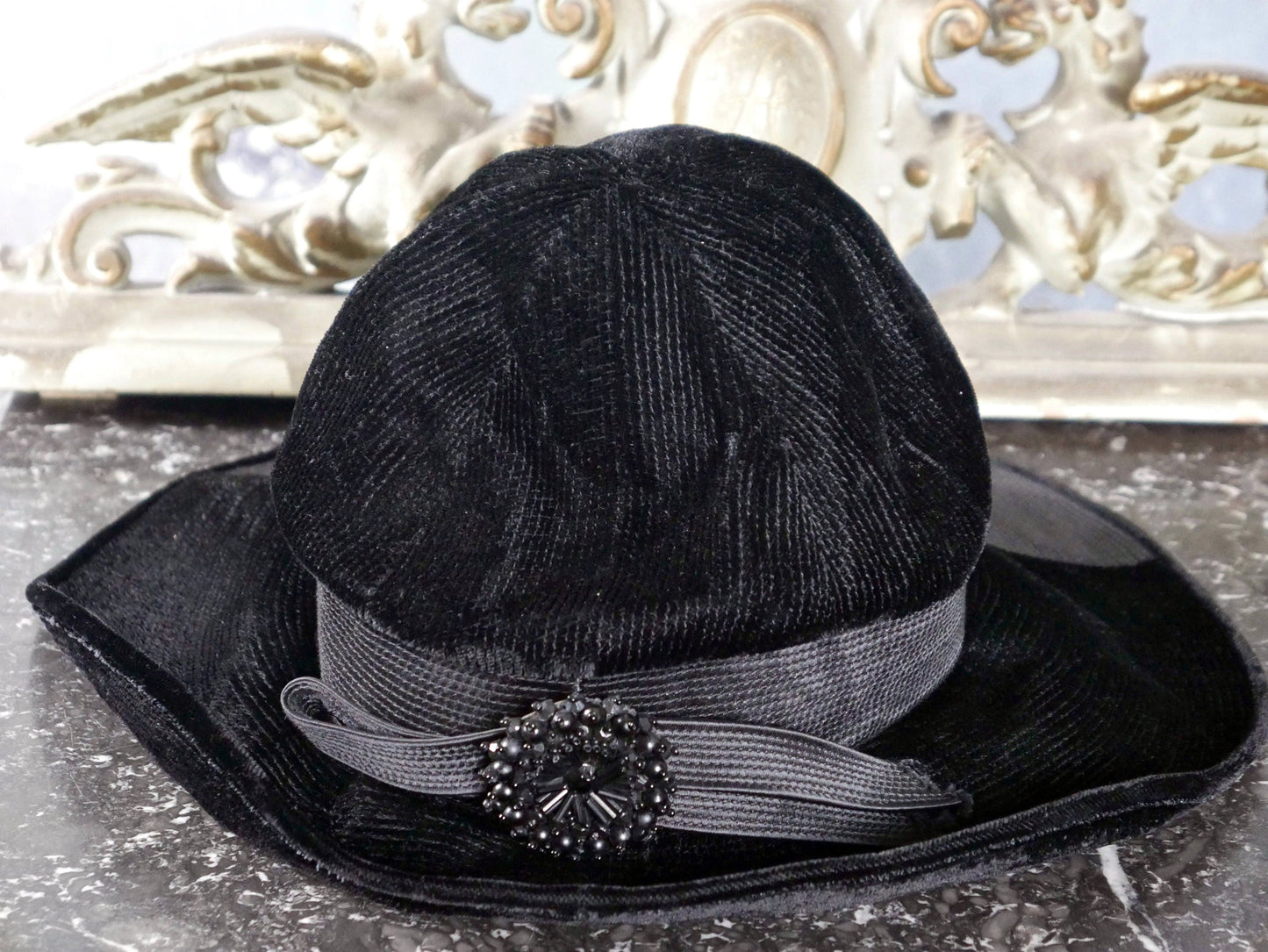 Women's 1970s Corduroy Hat | Two-Tone Black Swedish Vintage Black with Decorative Beaded Clasp and Bow | Small Leo Gabor Vintage