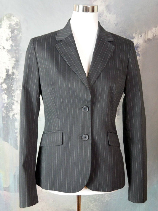 1990s Black Pinstripe Blazer | Women's Vintage Jacket | Medium