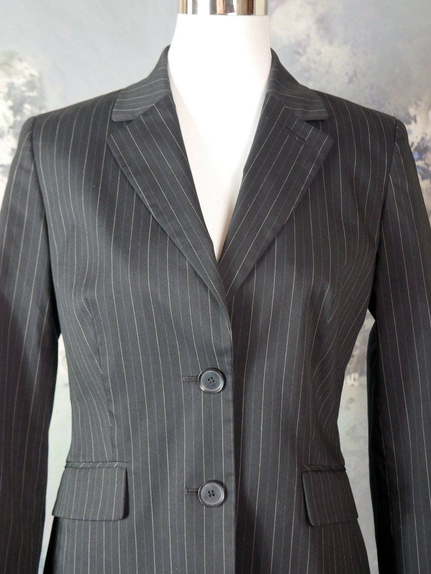 1990s Black Pinstripe Blazer | Women's Vintage Jacket | Medium