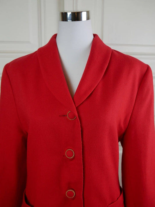 1980s Women's Vintage Red Blazer | Short Wool Jacket w Shawl Collar | Large