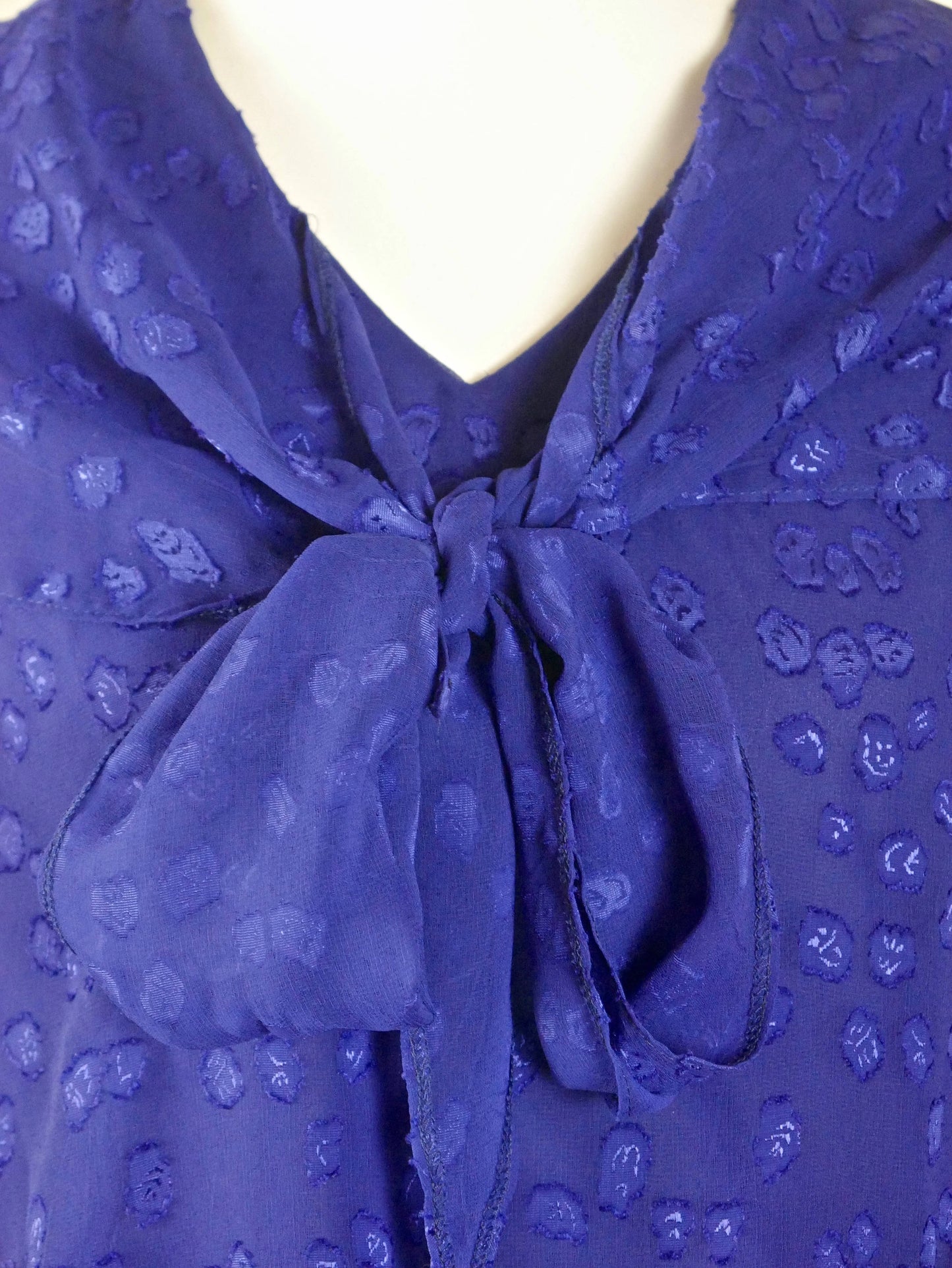 1980s Sheer Royal Blue Top | European Vintage Cocktail Blouse with Bow | Large