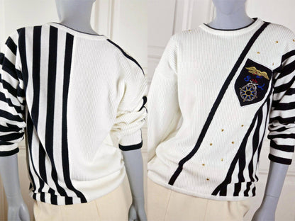 1980s Vintage Nautical Sweater | Navy Blue & White Sailor Pullover | Medium