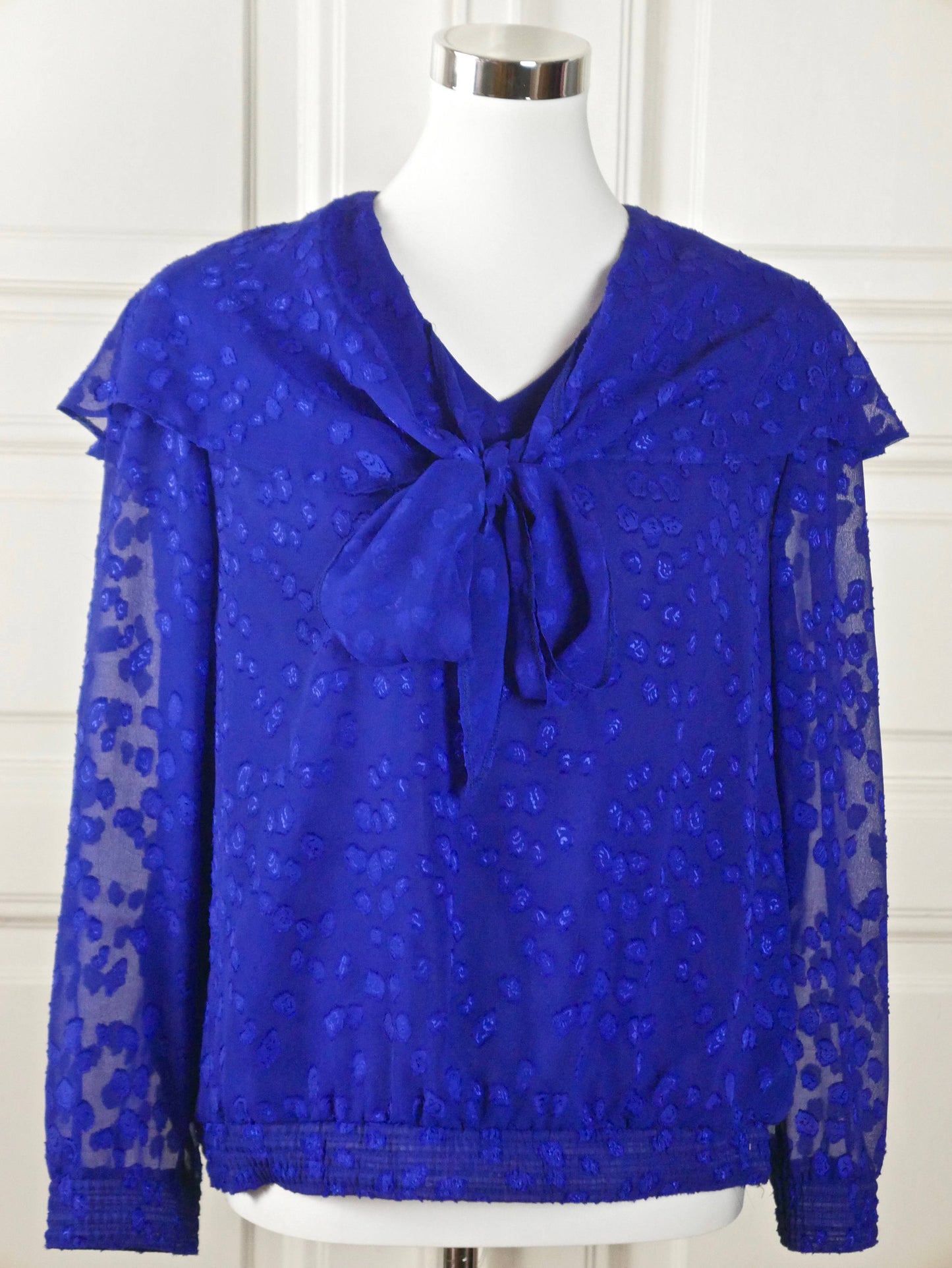 1980s Sheer Royal Blue Top | European Vintage Cocktail Blouse with Bow | Large