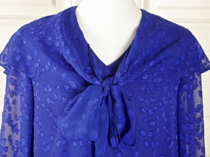 1980s Sheer Royal Blue Top | European Vintage Cocktail Blouse with Bow | Large