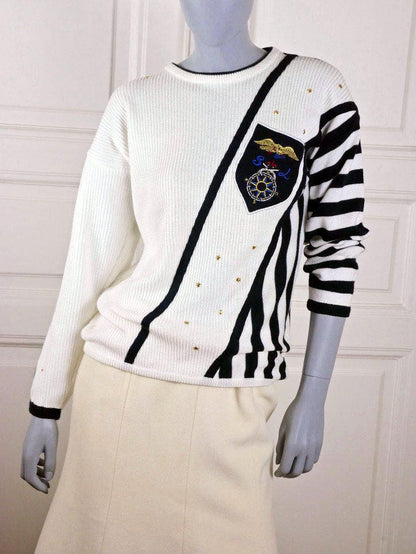 1980s Vintage Nautical Sweater | Navy Blue & White Sailor Pullover | Medium