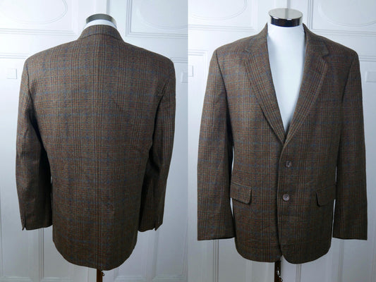 1980s Vintage Blazer | Vintage Brown Blue Copper Subtle Plaid Jacket | Large