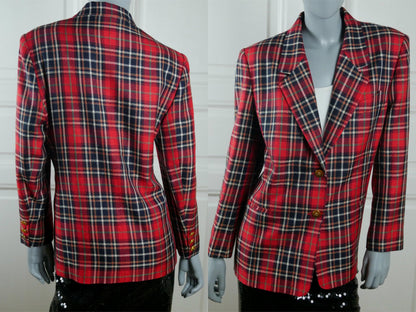 Women's 1980s Vintage Plaid Blazer | French Red Black & White Long Wool Jacket | Large