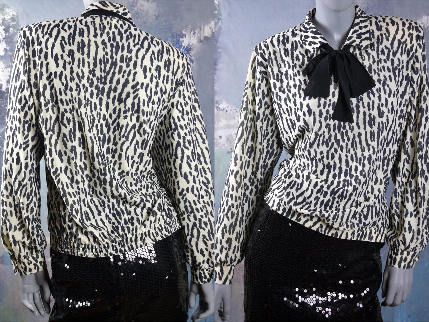 1980s Vintage Leopard Print Blouse | Cream Black Animal Print Top | Large