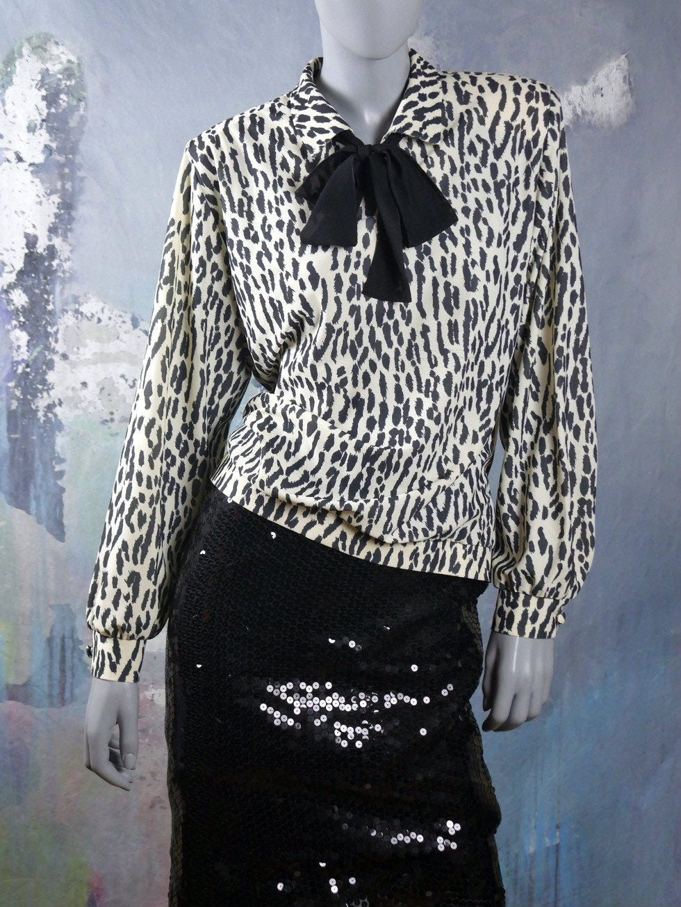 1980s Vintage Leopard Print Blouse | Cream Black Animal Print Top | Large