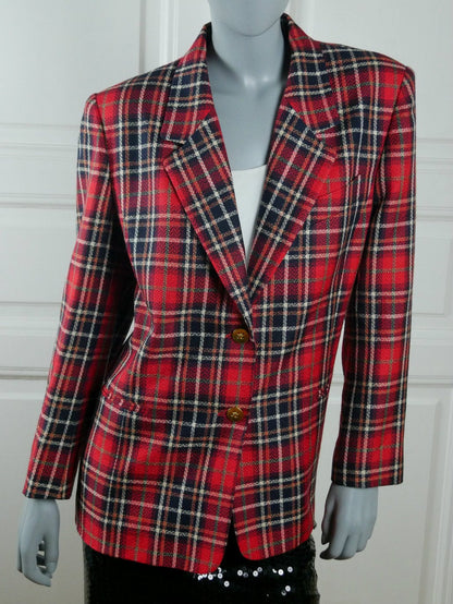 Women's 1980s Vintage Plaid Blazer | French Red Black & White Long Wool Jacket | Large