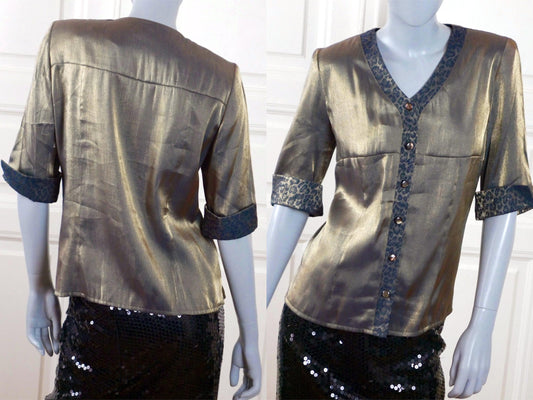 1980s Dark Gold Silk Blouse | Short Sleeve Top with Leopard Print Accents | Large