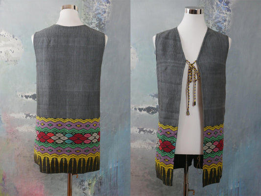 1980s Vintage Thai Silk Vest | Silvery Gray Tie-Front Waistcoat w Stunning Yao Mien Hill Tribe Multicolor Embroidery | Medium