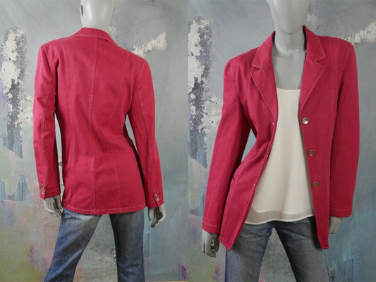 1990s Denim Jacket | Cerise Red Blazer Style Dutch Vintage Retro Jeans Jacket | Large