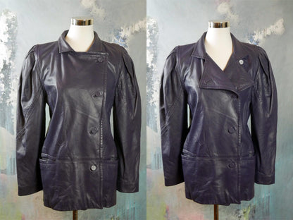 1980s Vintage Purple Leather Jacket with Puff Sleeves | Medium