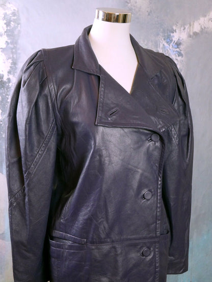 1980s Vintage Purple Leather Jacket with Puff Sleeves | Medium