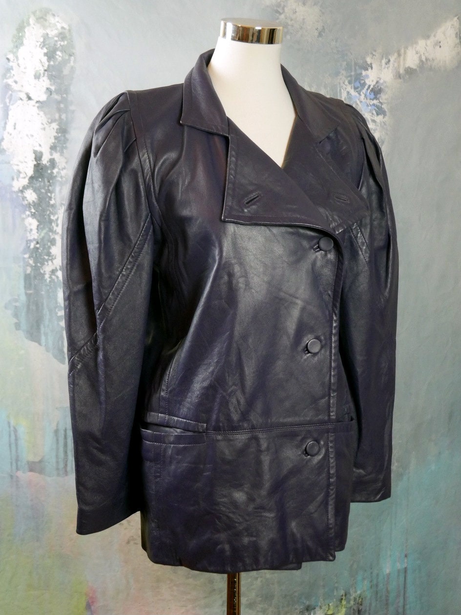 1980s Vintage Purple Leather Jacket with Puff Sleeves | Medium