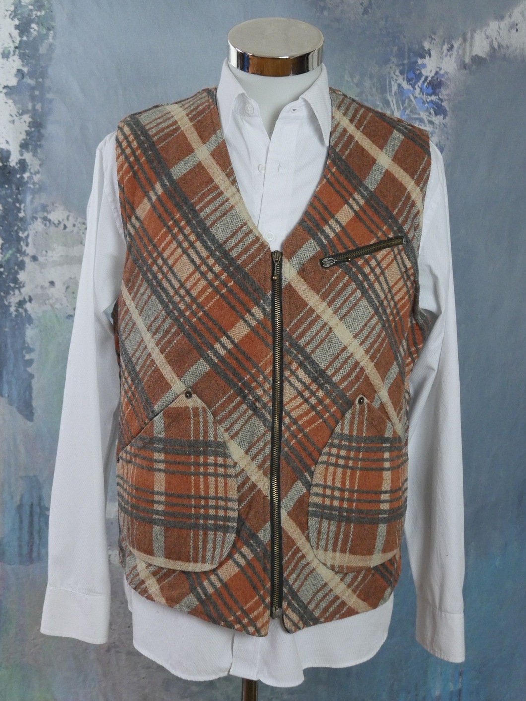 1980s Wool Vest | Vintage Rust Beige & Gray Wool Plaid | Large