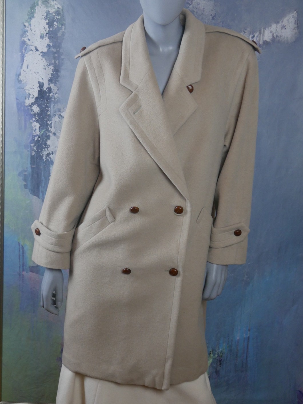 1980s Wool Coat | German Vintage Creamy Beige Lambswool & Cashmere Double-Breasted Overcoat | Large