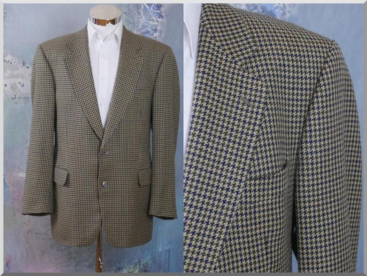 1980s Houndstooth Blazer | Retro Camel Navy Blue & Gray Check Wool Sports Coat | Large