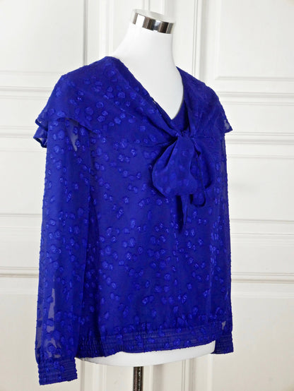 1980s Sheer Royal Blue Top | European Vintage Cocktail Blouse with Bow | Large