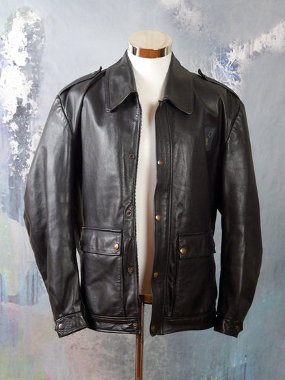 Vintage Black Leather Jacket, 1980s Retro Ski Patrol Police Style | Size Large