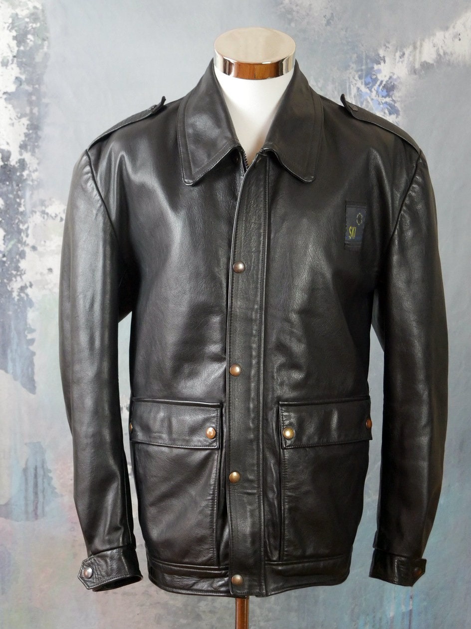 Vintage Black Leather Jacket, 1980s Retro Ski Patrol Police Style | Size Large