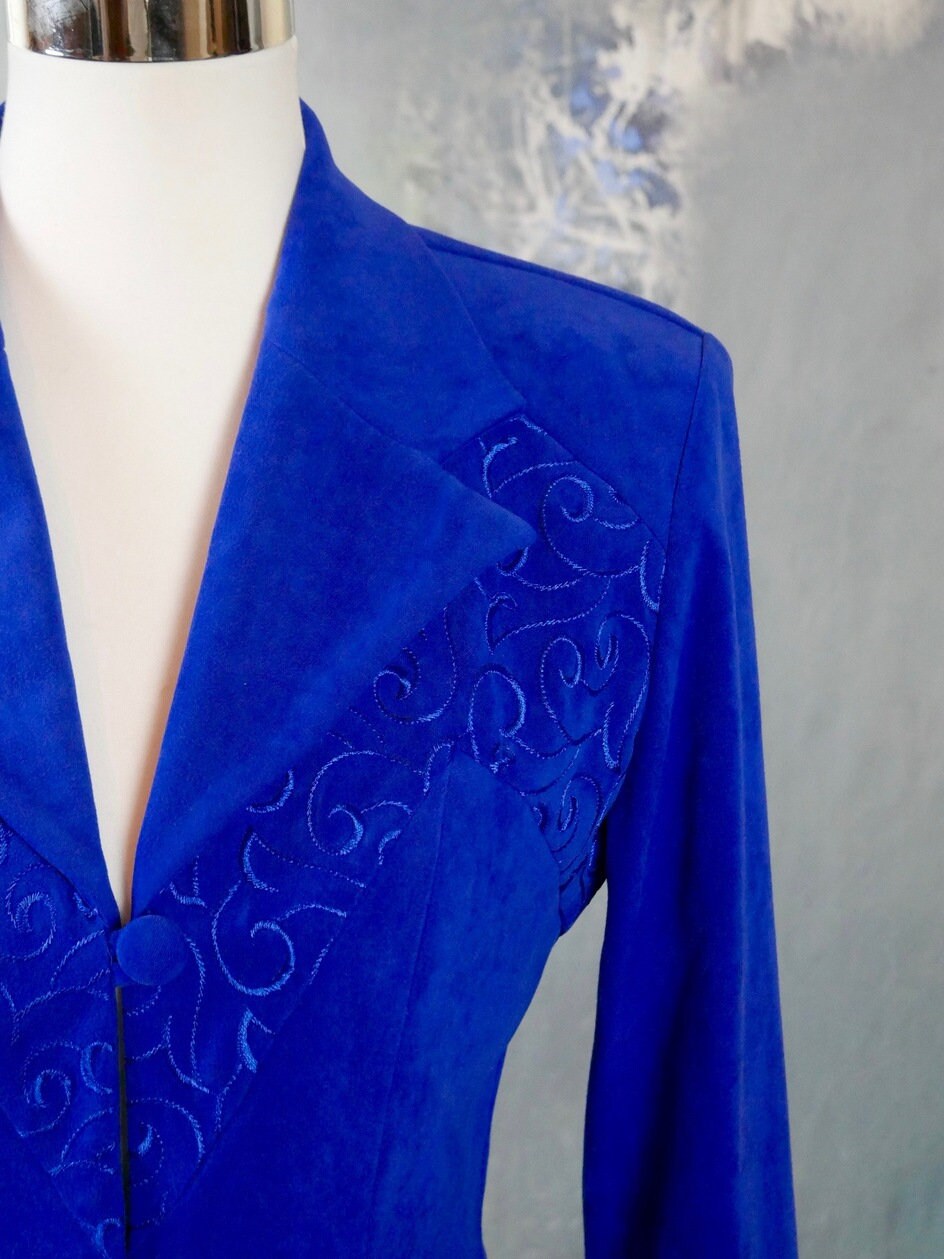1990s Royal Blue Velour Blazer | Canadian Vintage Elegant Long Evening Jacket | Small